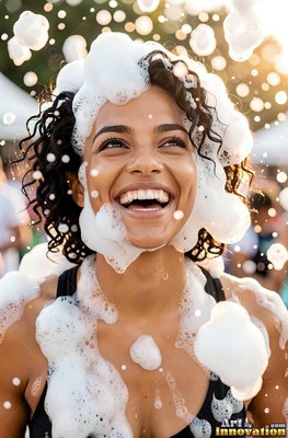 Smiling woman covered in white soap foam outdoors in sunlight