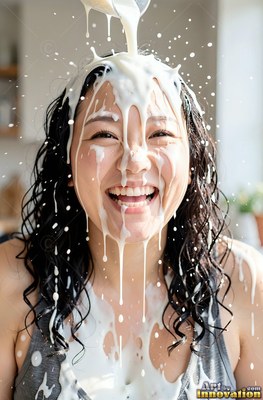 A grinning woman bursts out laughing as milk pours over her head in bright window light