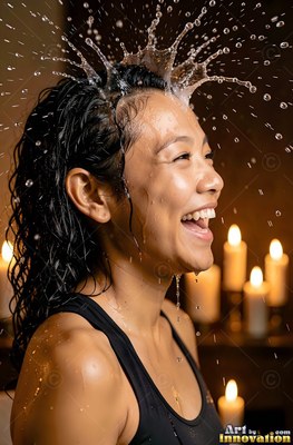 A grinning woman gets splashed on the head with water near lit candles