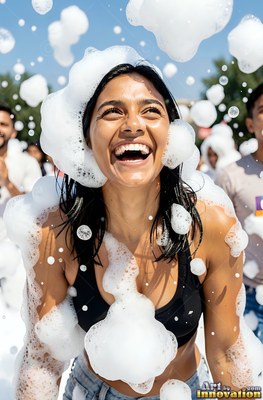 Laughing in bright sunlight, a woman is covered in clumps of white foam outdoors