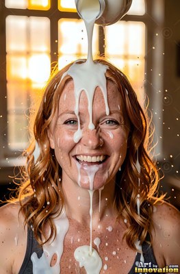 A smiling red-haired woman has white milk poured over her head in a sunlit room