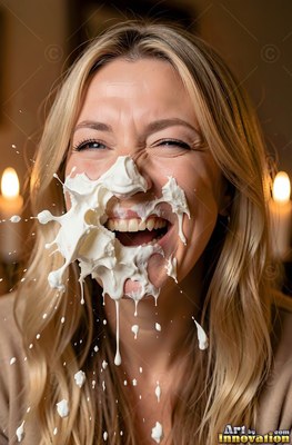 A blonde woman giggles as cream splatters across her face under warm candlelight