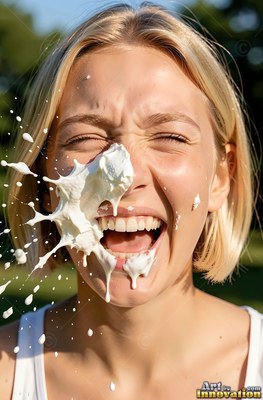 A blond woman giggles with her eyes shut as thick white cream splashes her face outdoors