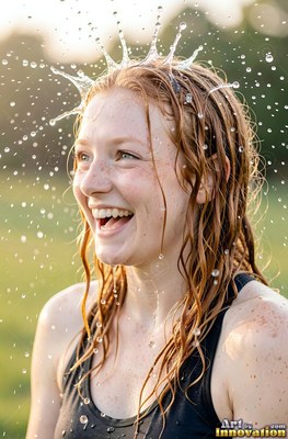 In a sunny park, a woman in laughter has clear water splashed over her wet red hair