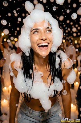 Woman smiling covered in white soap foam at night