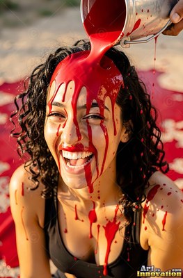 Dark curly hair frames a chuckling woman outdoors as thick red paint pours over her head