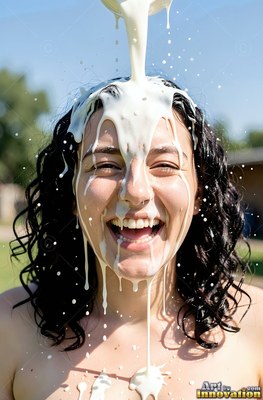 A woman bursts out laughing as thick milk is poured over her head under bright midday sun