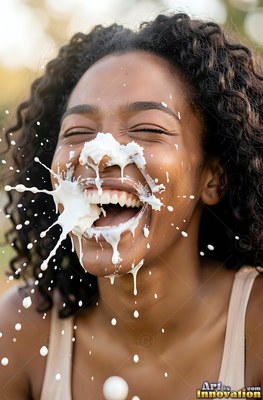 Facing forward outdoors, a giggling woman gets splashed across the face with thick white cream