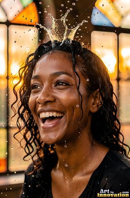 A laughing woman gets splashed with water making a crown over her head