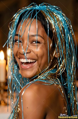 In a warm dining room, a chuckling woman finds herself blue and gold tinsel dumped on her head