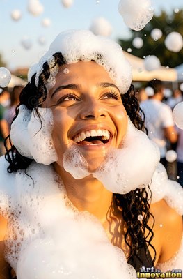 Laughing outdoors in the sun, a woman looks up covered in white soapy foam