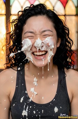 A woman laughing with white cream splattered on her face, lit by warm yellow background light