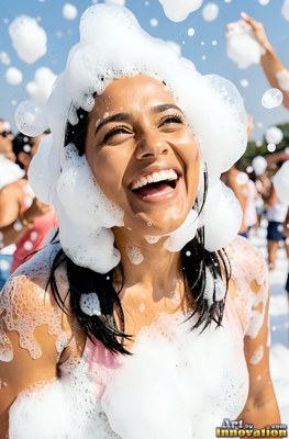At an outdoor foam party, a laughing woman is covered in white suds