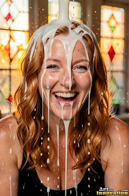 Laughing redheaded woman with milk poured over her face
