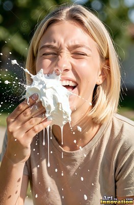 Facing forward outdoors, a laughing fair-haired woman gets hit in the face with plain white cream