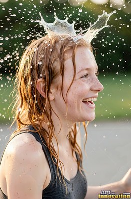A smiling young woman ends up splashed with water right on top of her red hair
