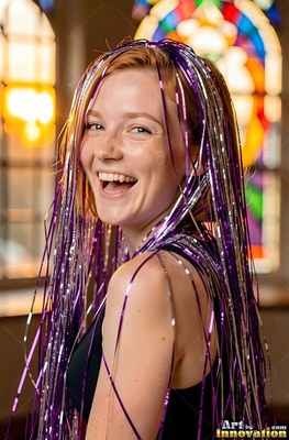 In a sunlit room, a woman smiling wears shiny purple streamers on her head