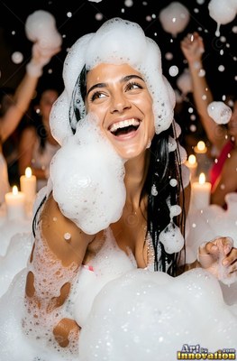 Laughing happily, a dark-haired woman is covered in white party foam by candlelight