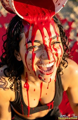 Smiling woman with thick red paint poured over her face