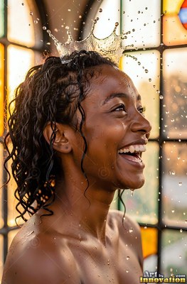 Side view of a chuckling woman by stained glass as water splashes onto her head