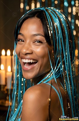 A smiling woman with bright blue and gold tinsel strands draped over her dark hair