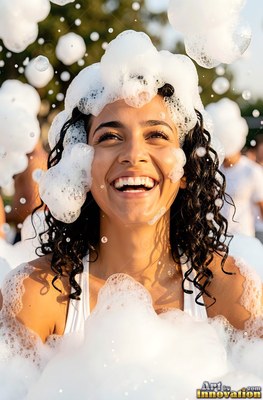 Outdoors in the sunlight, a woman laughs happily covered in white bubbles