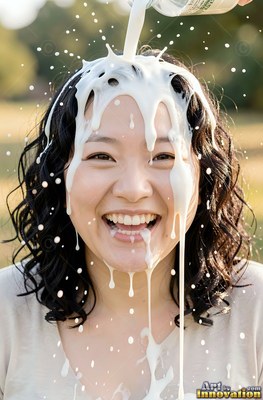 Woman smiling outdoors with splashing white milk poured on her head