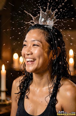 A smiling woman gets splashed on the head with water under warm candlelight