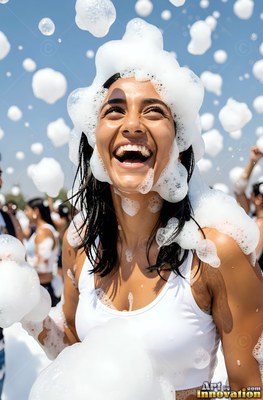 A woman in a white tank top laughs under bright sunlight as foam falls on her head