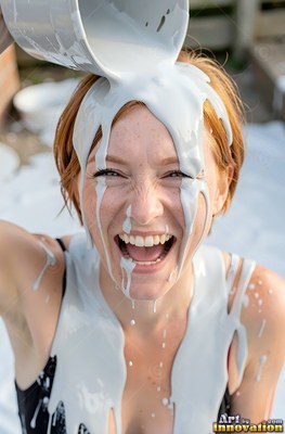 Outdoors, a laughing red-haired woman has thick white paint poured over her head
