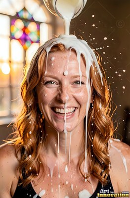 Smiling wide, a red-haired woman is milk poured over her head indoors