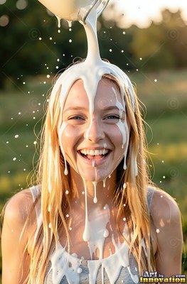 Blonde hair frames a woman smiling in a sunny field as milk pours over her head