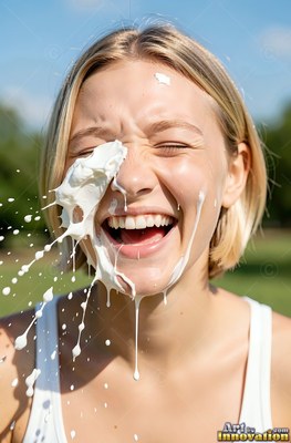A blonde woman laughs as plain white cream splatters across her face in bright sunlight