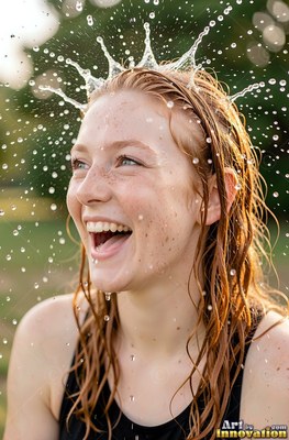 Turned sideways outdoors, a laughing redhead woman is splashed with water on her head