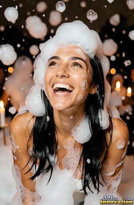 In a dim room with candles, a woman laughs as soap bubbles fall on her head