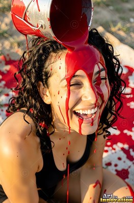 Laughing in the sun, a woman has bright red paint dumped on her dark hair