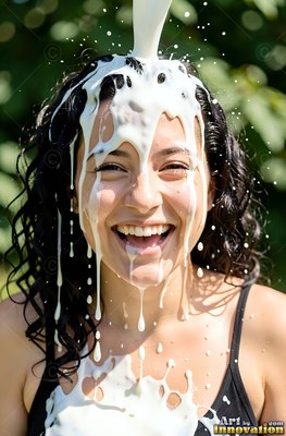 A woman in laughter has plain white milk poured over her head outdoors