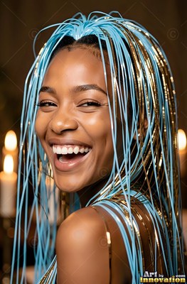 Thin blue and gold tinsel strands cover a smiling Black woman indoors by soft candlelight