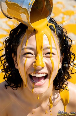Looking up outdoors as yellow paint pours over a chuckling woman's face