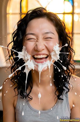 In a sunlit room, a woman laughing is splashed across the face with white cream