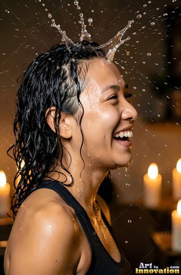 Laughing as water splashes on her head, a woman in a black tank top smiles near candles