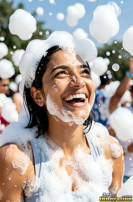 Wearing a light blue tank top outdoors, a laughing woman looks up as white foam falls