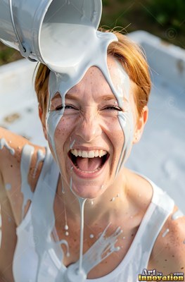A woman with a smile gets light gray paint poured on her face in bright sunlight