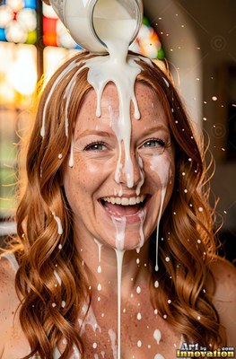 Facing forward indoors, a redheaded woman laughs as milk pours on her head