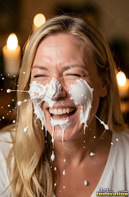 A blonde woman bursts out laughing hard in a white shirt with whipped cream splashing on her face