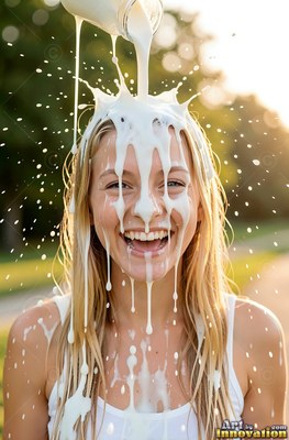 Outdoors, a smiling blond woman gets splashing white milk poured over her head