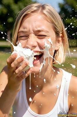 Laughing in bright sunlight, a blonde-haired woman gets hit in the face with plain white cream