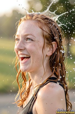 A laughing redheaded woman finds herself splashed with water outdoors