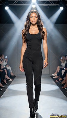 On a runway under lit spotlights, a woman walks in a black jumpsuit