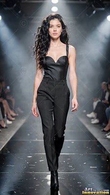 Walking the runway under bright spotlights, a woman wears a fitted black jumpsuit